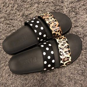 VS PINK DOUBLE STRAP CHEETAH SLIDES SANDALS